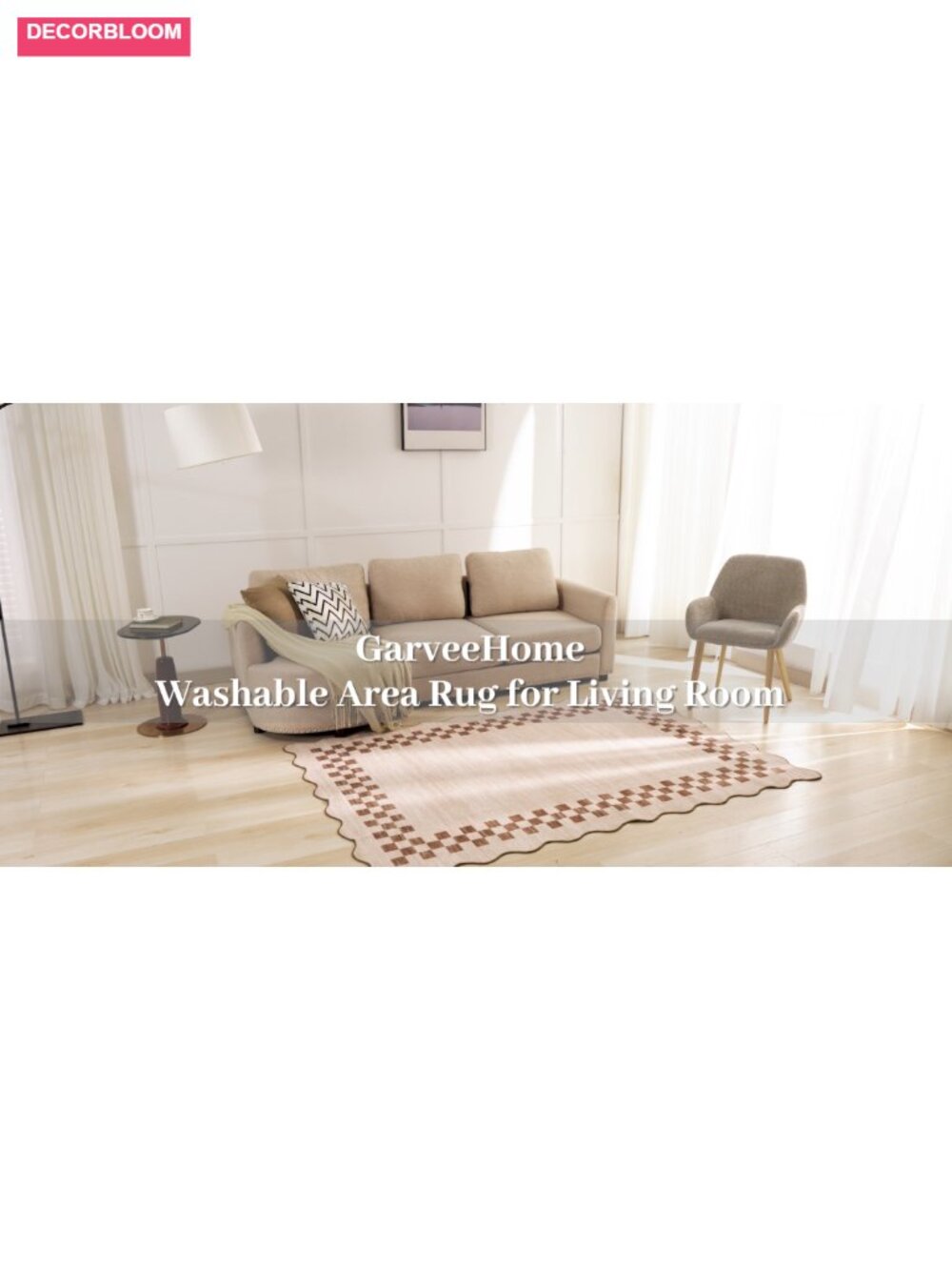 8x10 Washable Low Pile Polyester Area Rug with Scalloped Edge, Non Slip Stain - Picture 6 of 6